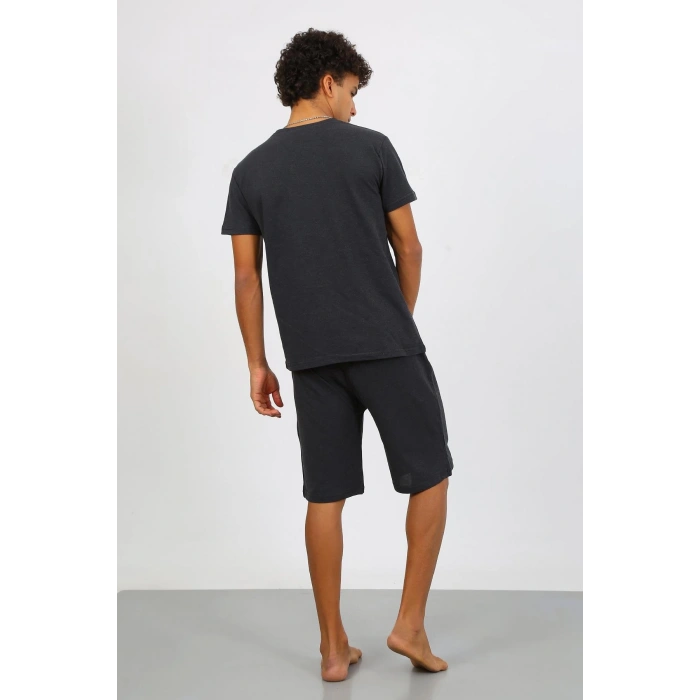 Moda Çizgi Erkek Pamuk Lakost Alt Üst Kaprili Pijama Takım Füme 6872