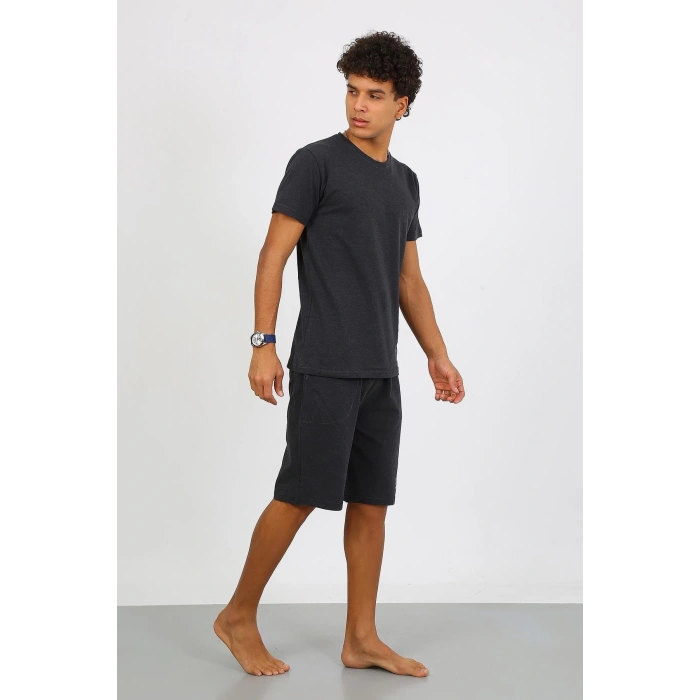 Moda Çizgi Erkek Pamuk Lakost Alt Üst Kaprili Pijama Takım Füme 6872