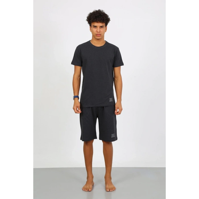 Moda Çizgi Erkek Pamuk Lakost Alt Üst Kaprili Pijama Takım Füme 6872