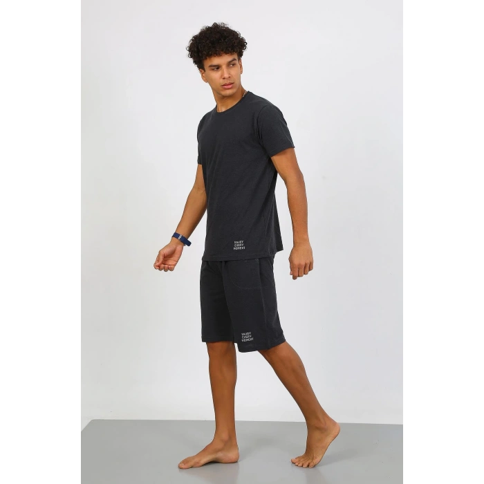 Moda Çizgi Erkek Pamuk Lakost Alt Üst Kaprili Pijama Takım Füme 6872