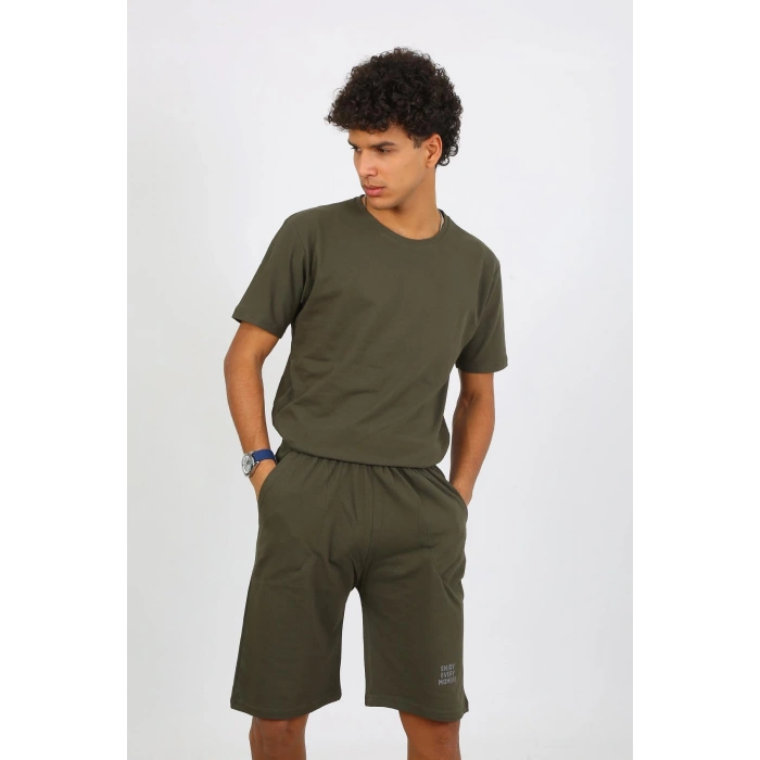 Moda Çizgi Erkek Pamuk Lakost Alt Üst Kaprili Pijama Takım Haki 6872