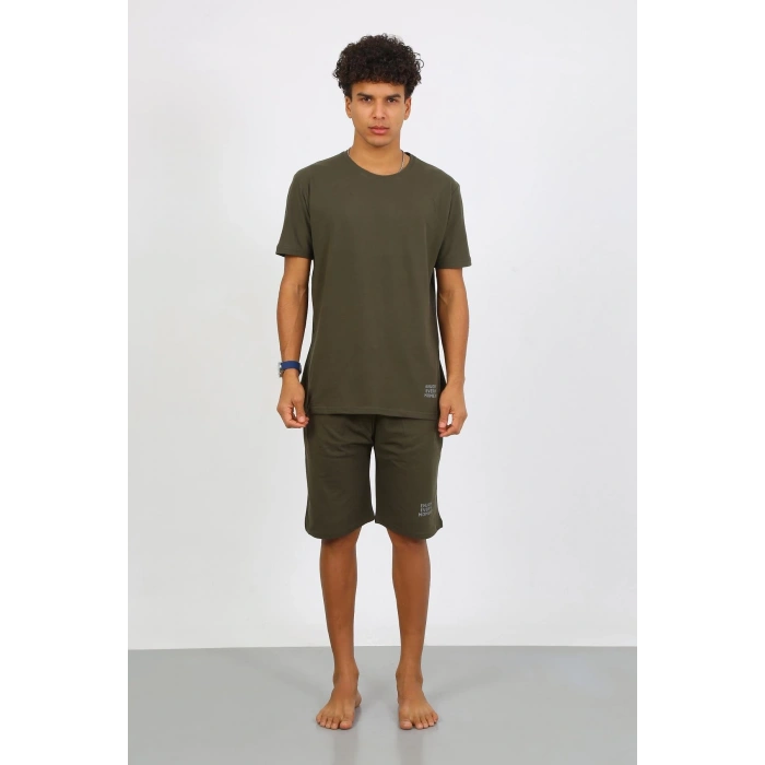 Moda Çizgi Erkek Pamuk Lakost Alt Üst Kaprili Pijama Takım Haki 6872