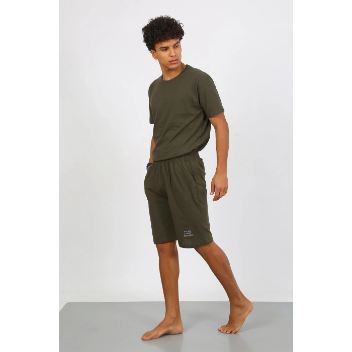 Moda Çizgi Erkek Pamuk Lakost Alt Üst Kaprili Pijama Takım Haki 6872