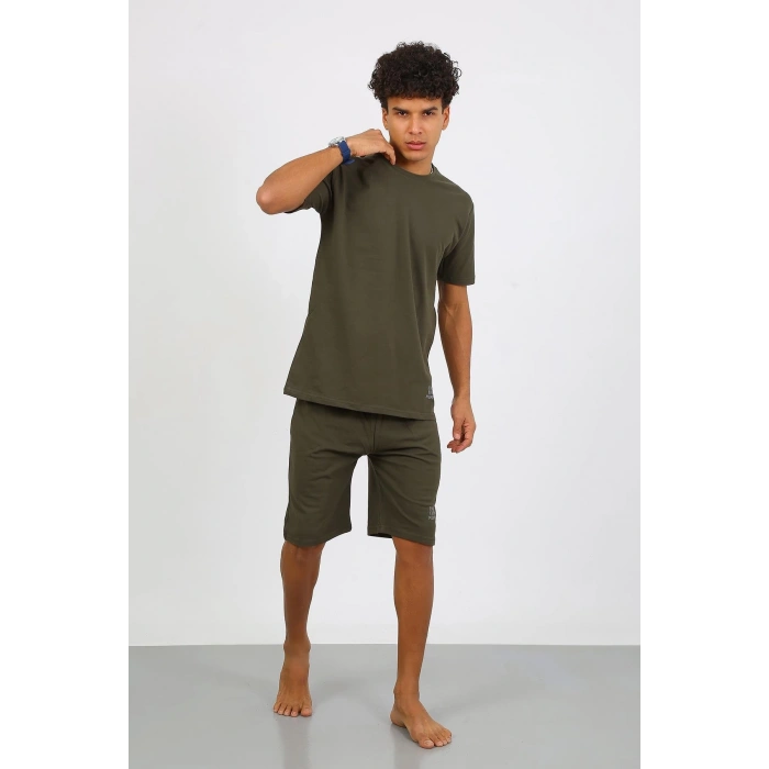 Moda Çizgi Erkek Pamuk Lakost Alt Üst Kaprili Pijama Takım Haki 6872