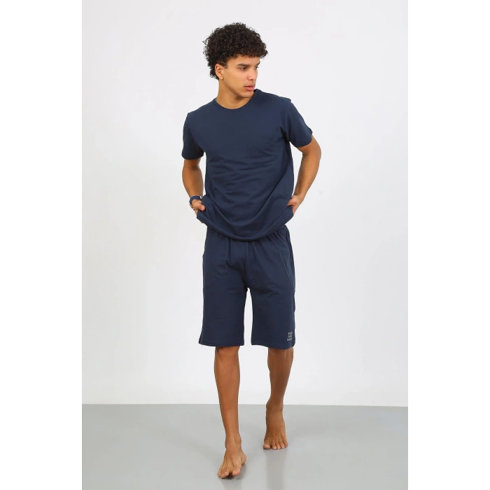 Moda Çizgi Erkek Pamuk Lakost Alt Üst Kaprili Pijama Takım Lacivert 6872