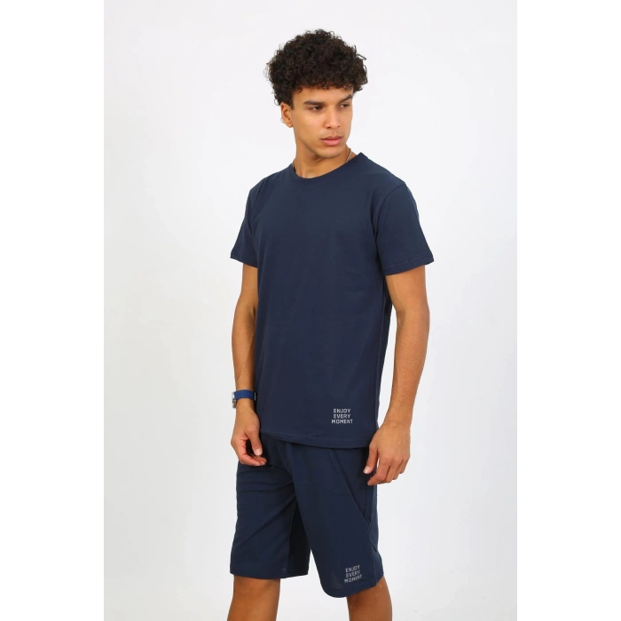 Moda Çizgi Erkek Pamuk Lakost Alt Üst Kaprili Pijama Takım Lacivert 6872