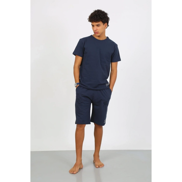 Moda Çizgi Erkek Pamuk Lakost Alt Üst Kaprili Pijama Takım Lacivert 6872
