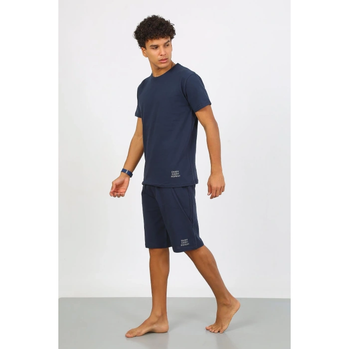 Moda Çizgi Erkek Pamuk Lakost Alt Üst Kaprili Pijama Takım Lacivert 6872