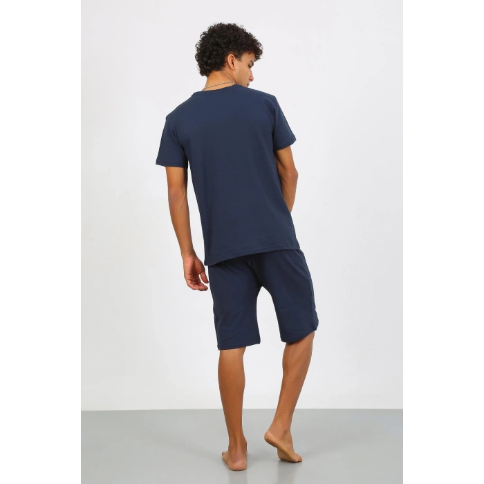 Moda Çizgi Erkek Pamuk Lakost Alt Üst Kaprili Pijama Takım Lacivert 6872