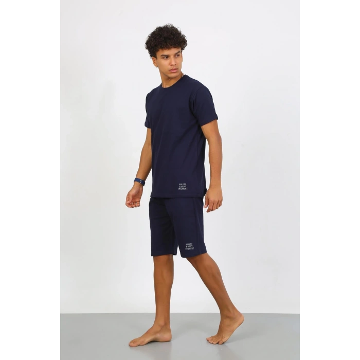 Moda Çizgi Erkek Pamuk Lakost Alt Üst Kaprili Pijama Takım Lacivert 6873