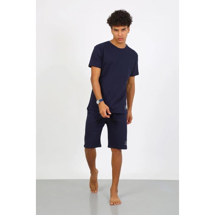 Moda Çizgi Erkek Pamuk Lakost Alt Üst Kaprili Pijama Takım Lacivert 6873