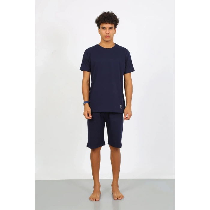 Moda Çizgi Erkek Pamuk Lakost Alt Üst Kaprili Pijama Takım Lacivert 6873