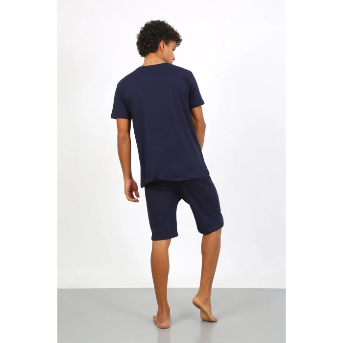 Moda Çizgi Erkek Pamuk Lakost Alt Üst Kaprili Pijama Takım Lacivert 6873