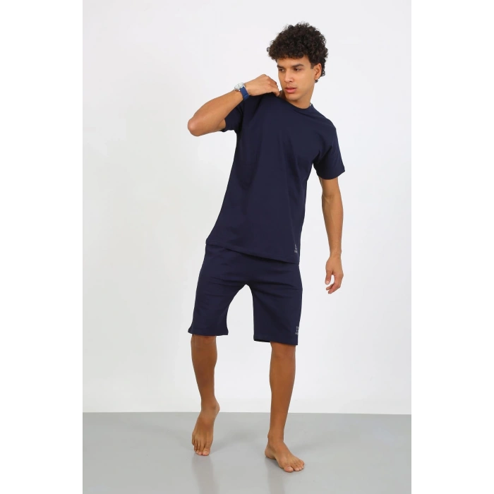 Moda Çizgi Erkek Pamuk Lakost Alt Üst Kaprili Pijama Takım Lacivert 6873