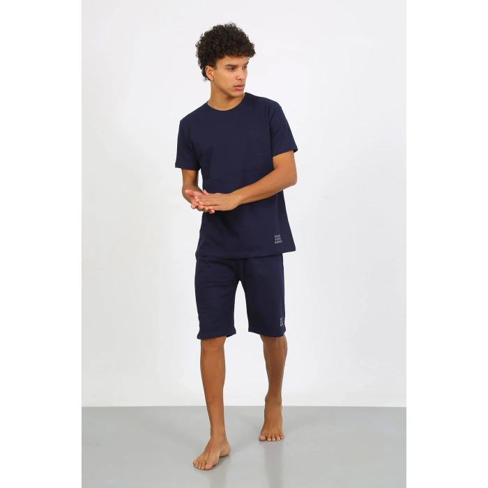 Moda Çizgi Erkek Pamuk Lakost Alt Üst Kaprili Pijama Takım Lacivert 6873