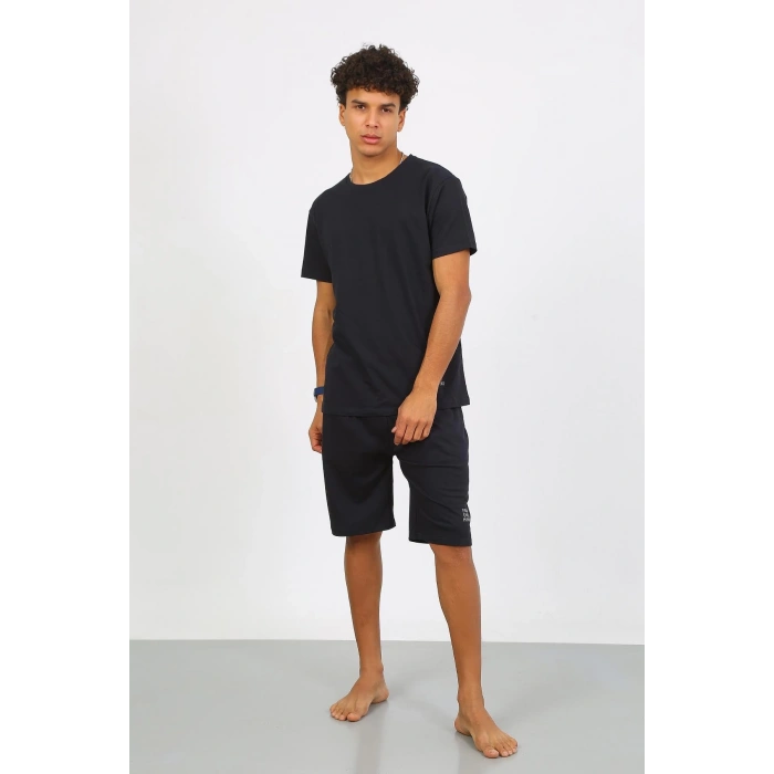 Moda Çizgi Erkek Pamuk Lakost Alt Üst Kaprili Pijama Takım Lacivert 6874