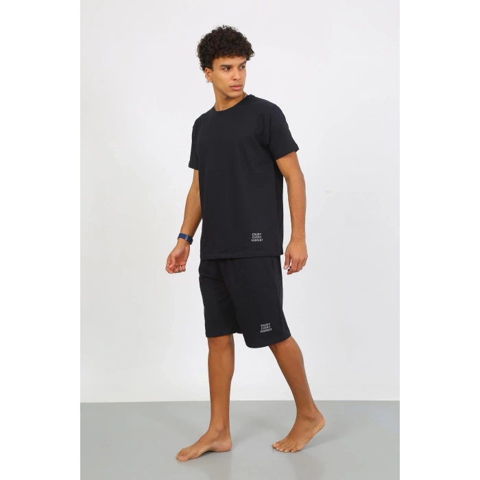 Moda Çizgi Erkek Pamuk Lakost Alt Üst Kaprili Pijama Takım Lacivert 6874