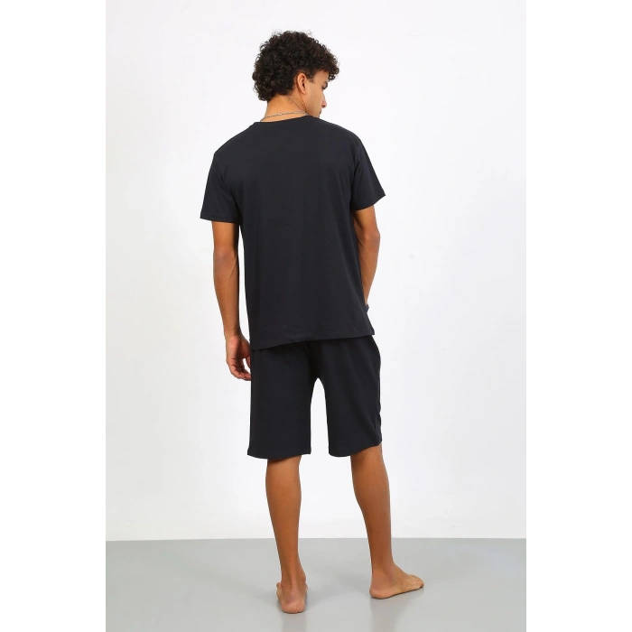 Moda Çizgi Erkek Pamuk Lakost Alt Üst Kaprili Pijama Takım Lacivert 6874