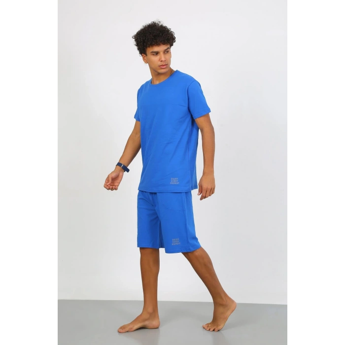 Moda Çizgi Erkek Pamuk Lakost Alt Üst Kaprili Pijama Takım Saks 6872