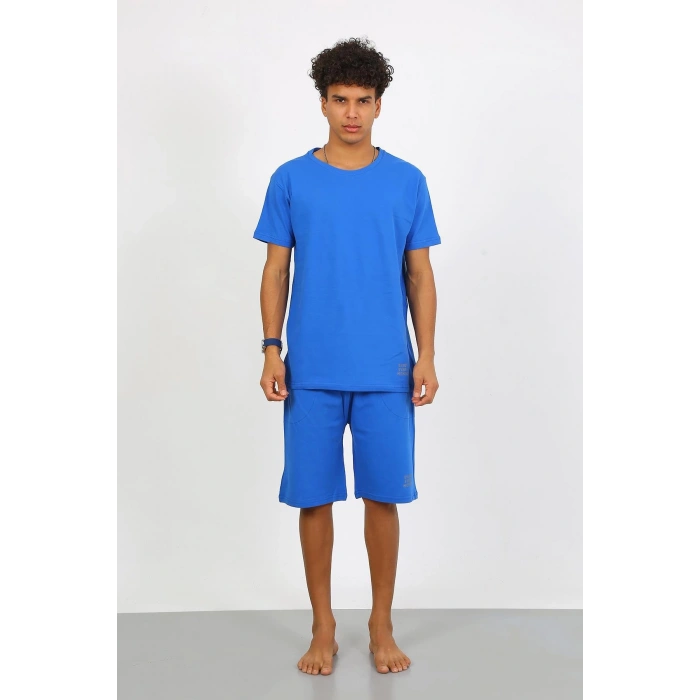 Moda Çizgi Erkek Pamuk Lakost Alt Üst Kaprili Pijama Takım Saks 6872