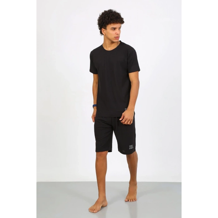 Moda Çizgi Erkek Pamuk Lakost Alt Üst Kaprili Pijama Takım Siyah 6872