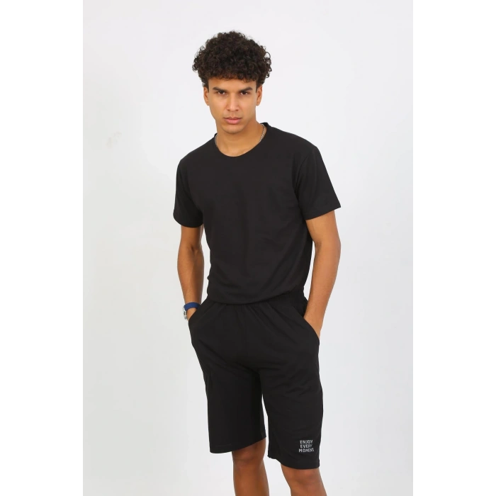Moda Çizgi Erkek Pamuk Lakost Alt Üst Kaprili Pijama Takım Siyah 6872