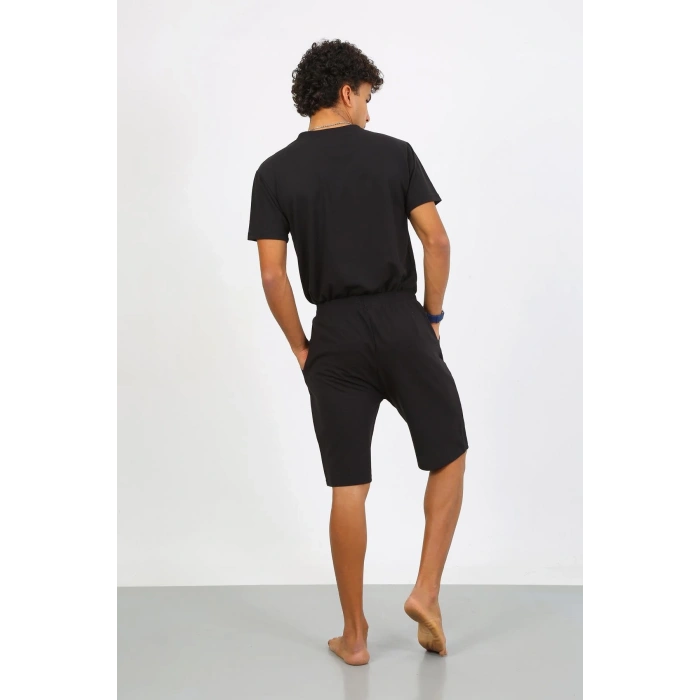 Moda Çizgi Erkek Pamuk Lakost Alt Üst Kaprili Pijama Takım Siyah 6872