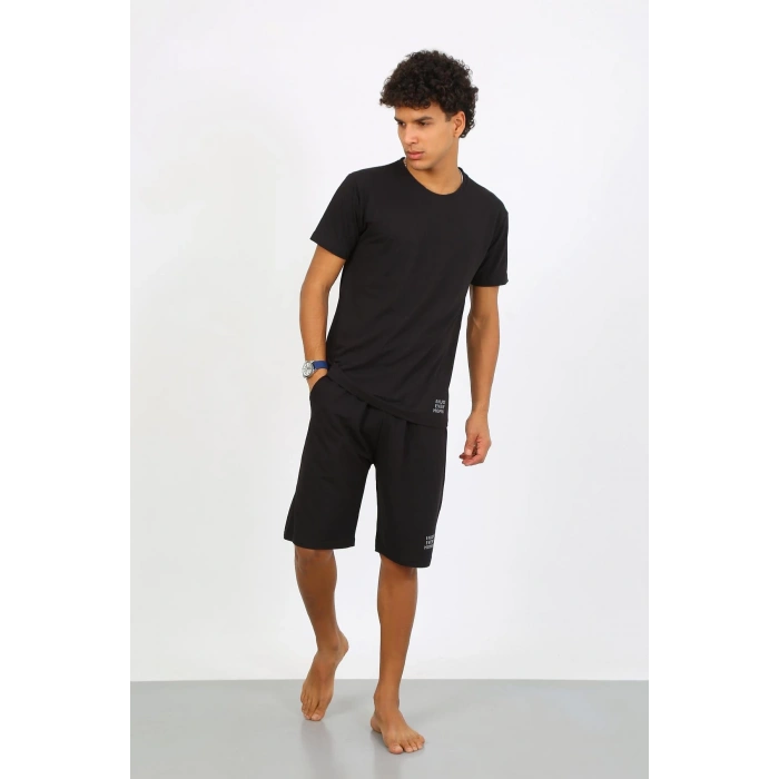 Moda Çizgi Erkek Pamuk Lakost Alt Üst Kaprili Pijama Takım Siyah 6872