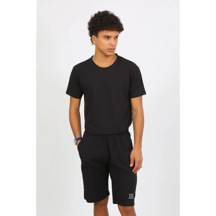 Moda Çizgi Erkek Pamuk Lakost Alt Üst Kaprili Pijama Takım Siyah 6872