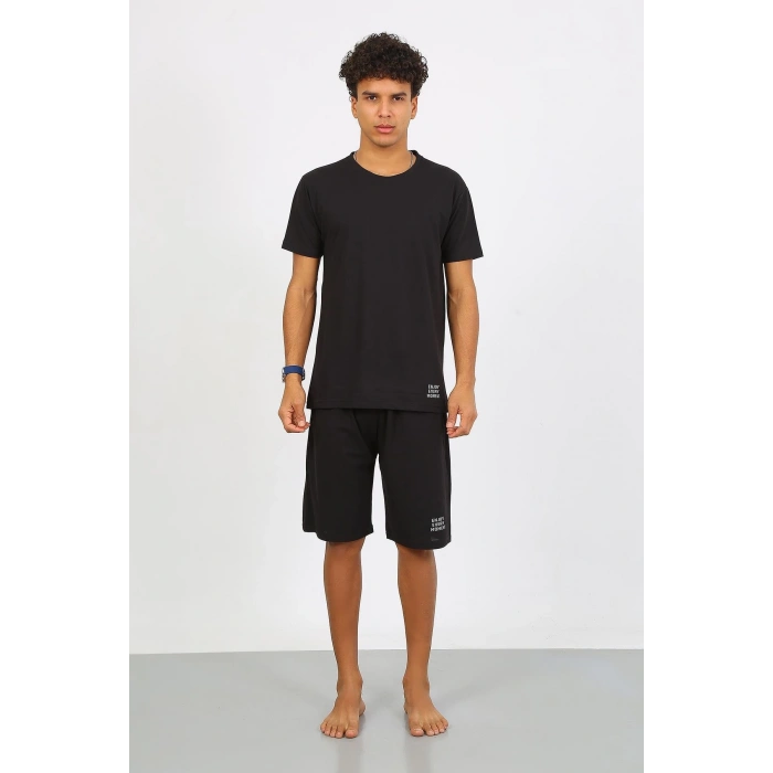 Moda Çizgi Erkek Pamuk Lakost Alt Üst Kaprili Pijama Takım Siyah 6872
