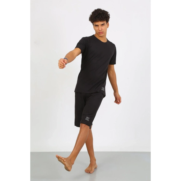 Moda Çizgi Erkek Pamuk Lakost Alt Üst Kaprili Pijama Takım Siyah 6872