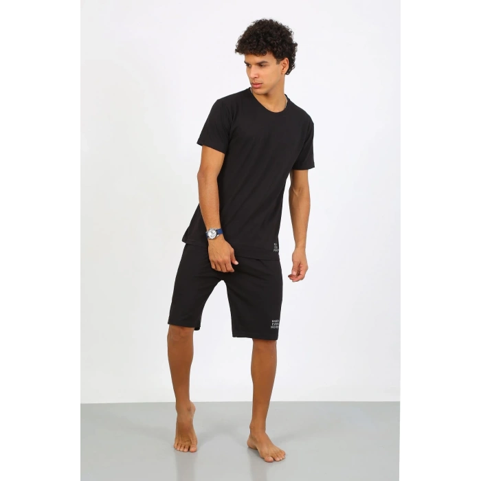 Moda Çizgi Erkek Pamuk Lakost Alt Üst Kaprili Pijama Takım Siyah 6872