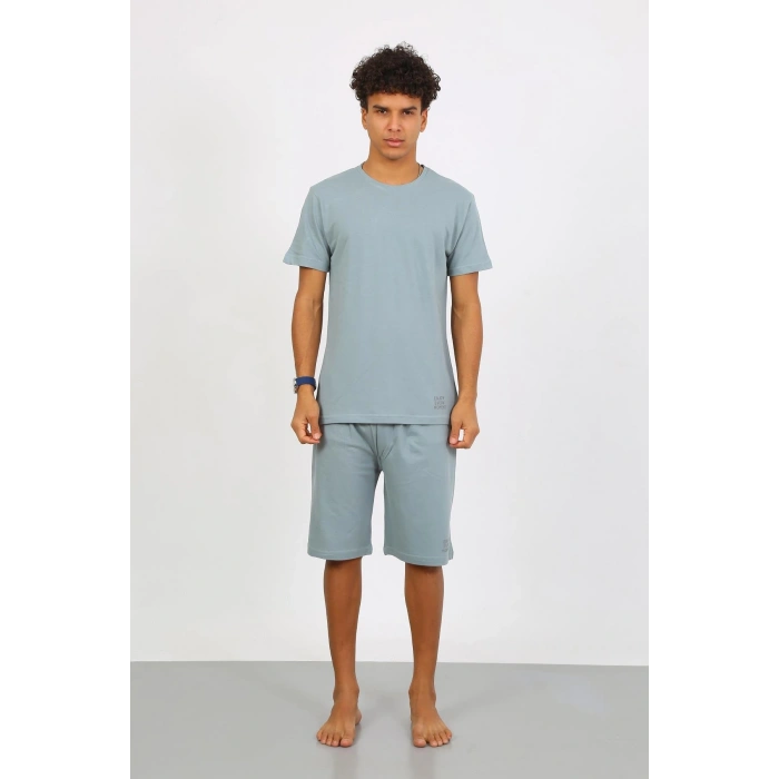 Moda Çizgi Erkek Pamuk Lakost Alt Üst Kaprili Pijama Takım SuYeşili 6872