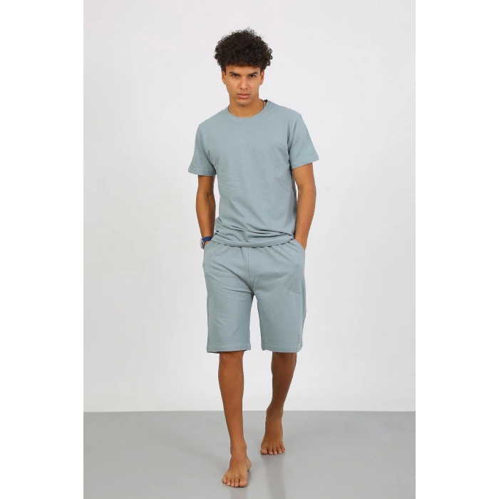 Moda Çizgi Erkek Pamuk Lakost Alt Üst Kaprili Pijama Takım SuYeşili 6872