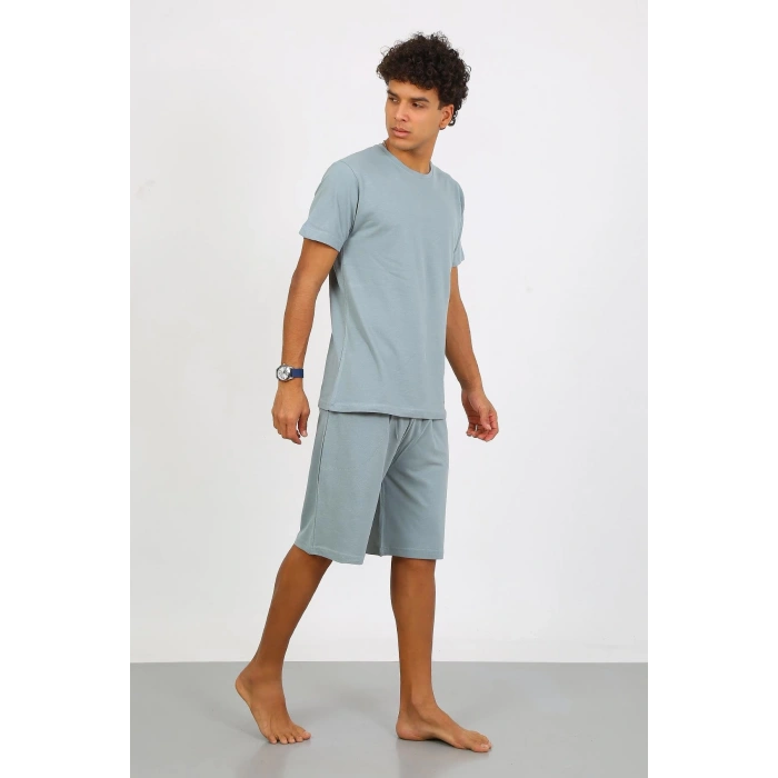 Moda Çizgi Erkek Pamuk Lakost Alt Üst Kaprili Pijama Takım SuYeşili 6872