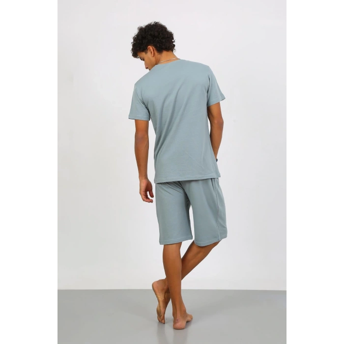 Moda Çizgi Erkek Pamuk Lakost Alt Üst Kaprili Pijama Takım SuYeşili 6872