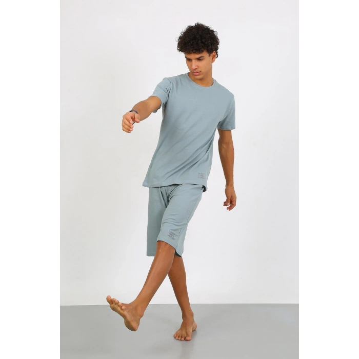 Moda Çizgi Erkek Pamuk Lakost Alt Üst Kaprili Pijama Takım SuYeşili 6872