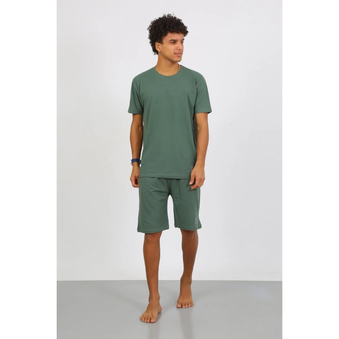 Moda Çizgi Erkek Pamuk Lakost Alt Üst Kaprili Pijama Takım Yeşil 6872