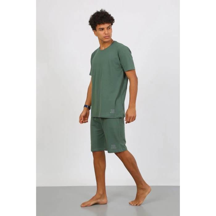Moda Çizgi Erkek Pamuk Lakost Alt Üst Kaprili Pijama Takım Yeşil 6872