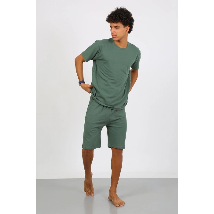 Moda Çizgi Erkek Pamuk Lakost Alt Üst Kaprili Pijama Takım Yeşil 6872