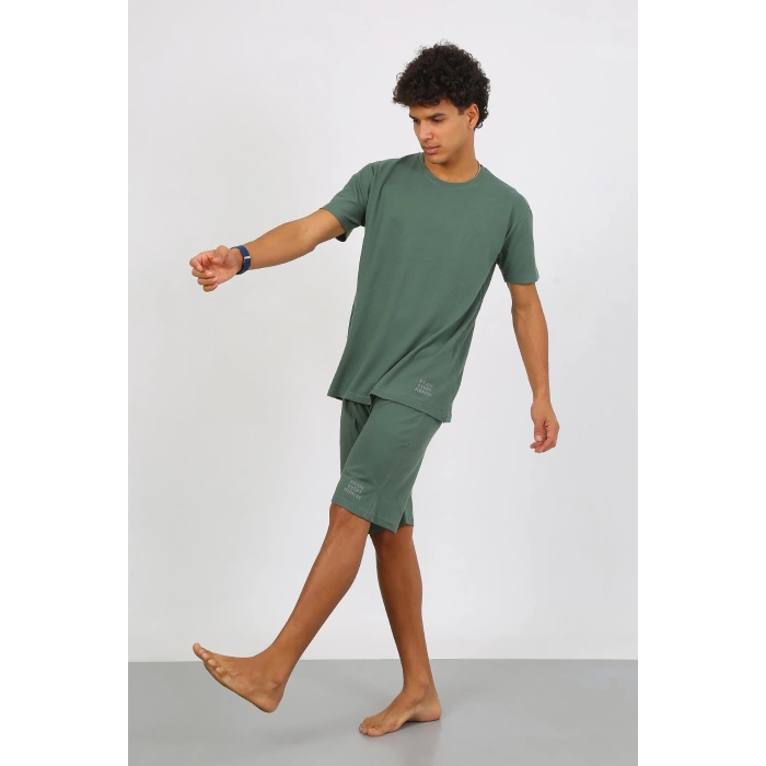 Moda Çizgi Erkek Pamuk Lakost Alt Üst Kaprili Pijama Takım Yeşil 6872