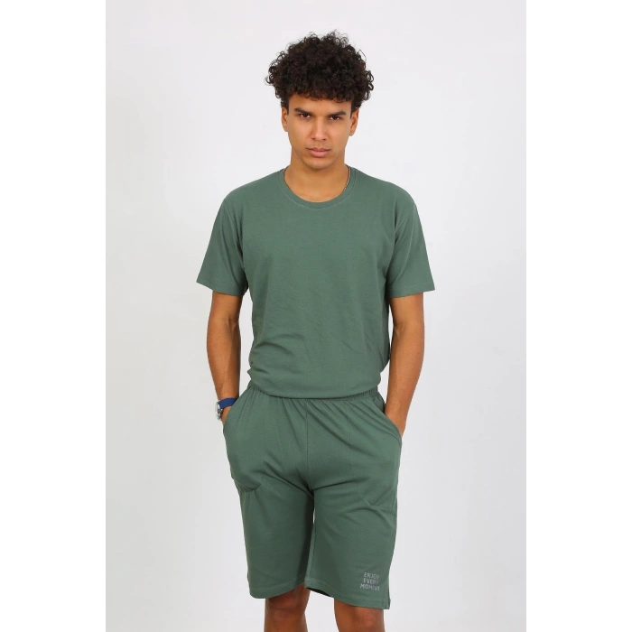 Moda Çizgi Erkek Pamuk Lakost Alt Üst Kaprili Pijama Takım Yeşil 6872