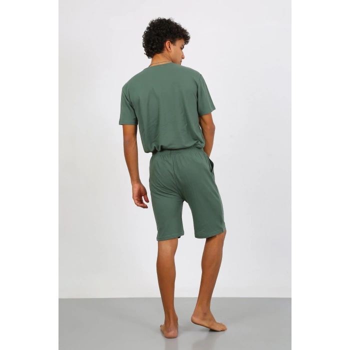 Moda Çizgi Erkek Pamuk Lakost Alt Üst Kaprili Pijama Takım Yeşil 6872