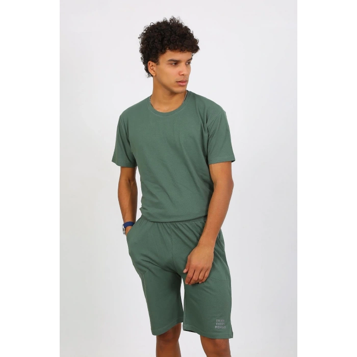 Moda Çizgi Erkek Pamuk Lakost Alt Üst Kaprili Pijama Takım Yeşil 6872