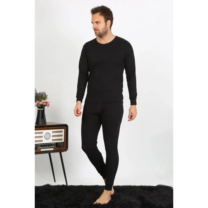 Moda Çizgi Erkek Pamuk Siyah İçlik Takım 19103