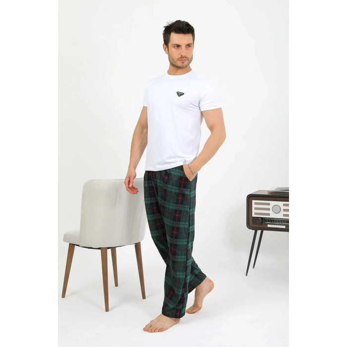 Moda Çizgi Erkek Pamuk Tek Alt Pijama Yeşil 27562