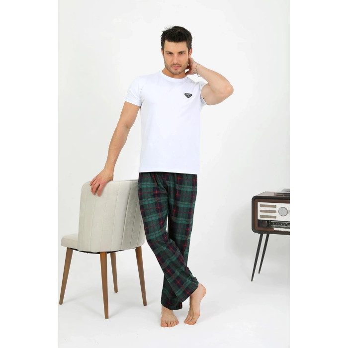 Moda Çizgi Erkek Pamuk Tek Alt Pijama Yeşil 27562