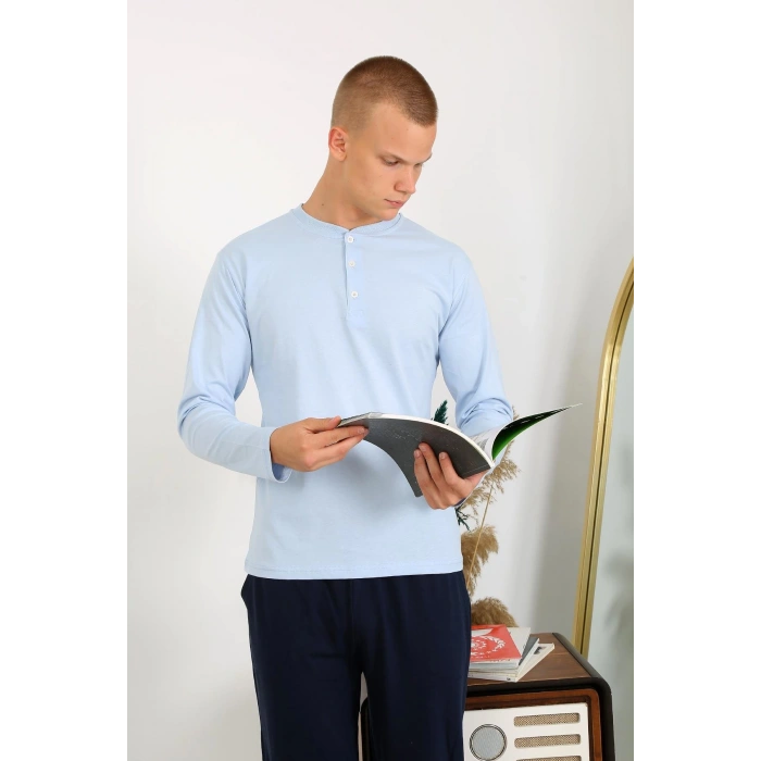 Moda Çizgi Erkek Penye Uzun Kol Pijama Takımı 6860 Buz Mavisi