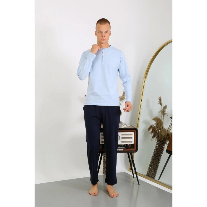 Moda Çizgi Erkek Penye Uzun Kol Pijama Takımı 6860 Buz Mavisi