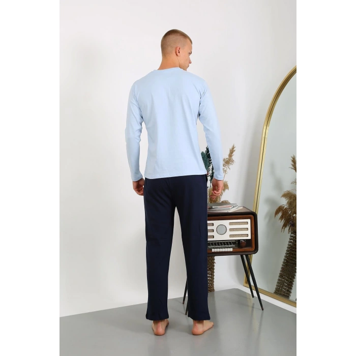 Moda Çizgi Erkek Penye Uzun Kol Pijama Takımı 6860 Buz Mavisi